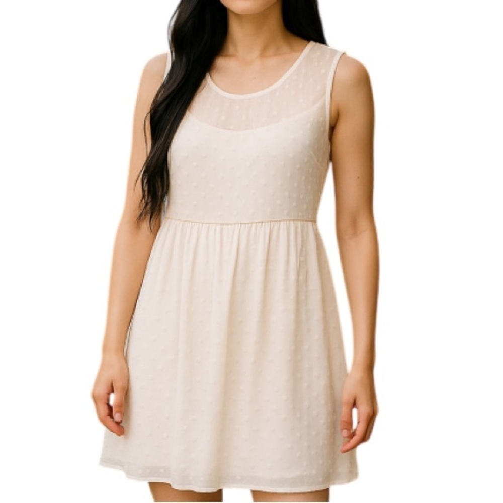YUMI Ivory Gold Speckled Metallic Dress 2 Piece Sheer Sleeveless Coquette Size M